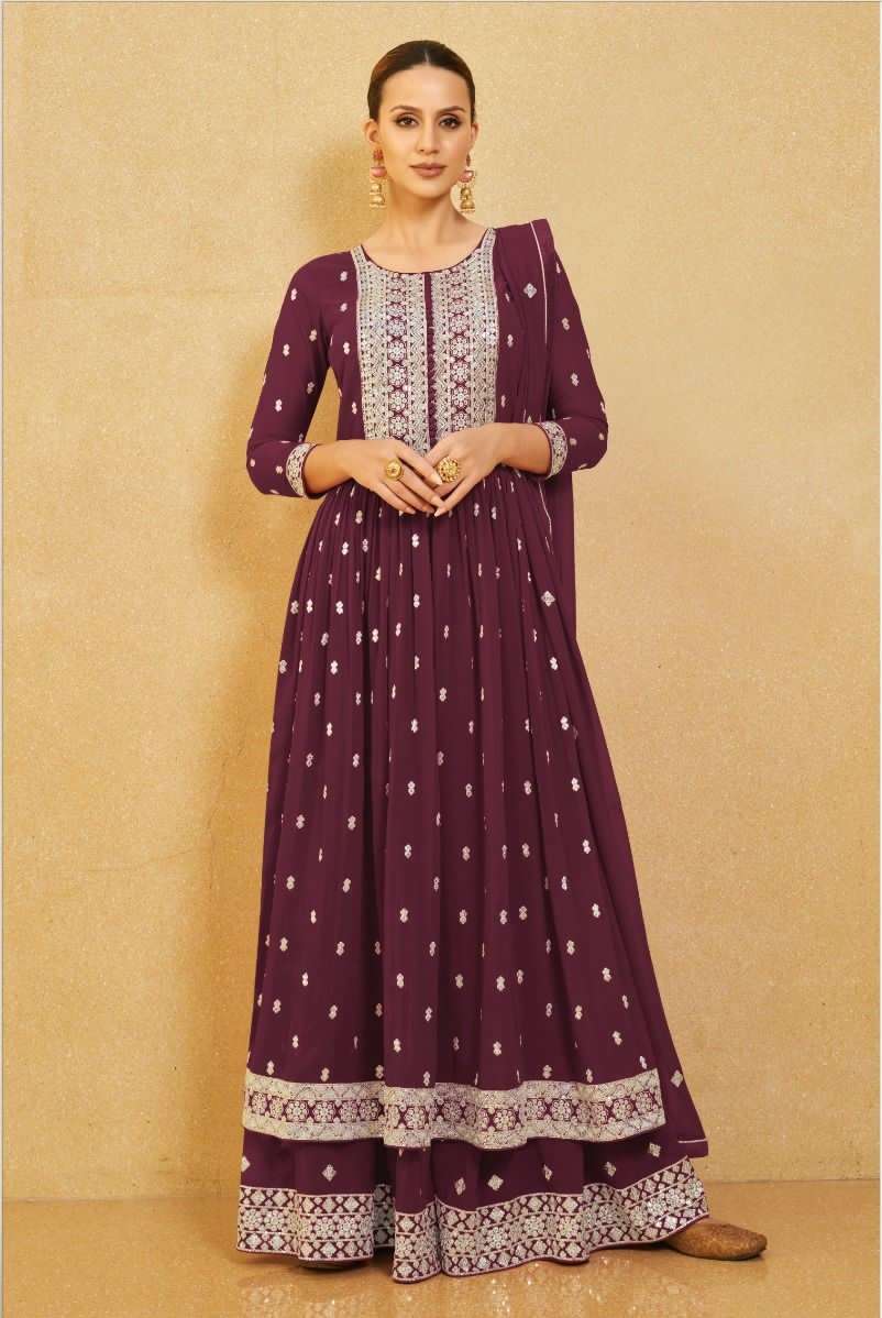 DESIGNER FANCY WEDDING PARTY WEAR REAL GEORGETTE MAROON NAYRA CUT SHARARA SALWAR SUIT AASHIRWAD NURA 9616