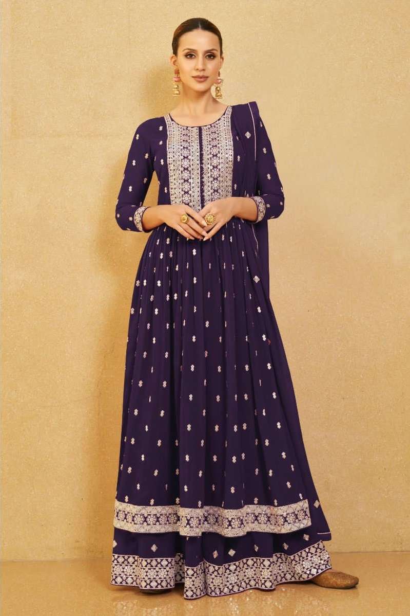 DESIGNER FANCY WEDDING PARTY WEAR REAL GEORGETTE PURPLE NAYRA CUT SHARARA SALWAR SUIT AASHIRWAD NURA 9617