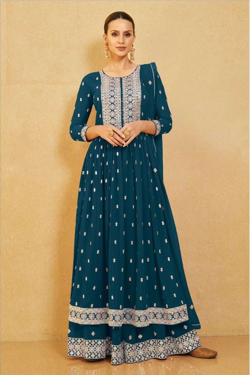 DESIGNER FANCY WEDDING PARTY WEAR REAL GEORGETTE RAMA BLUE NAYRA CUT SHARARA SALWAR SUIT AASHIRWAD NURA 9614