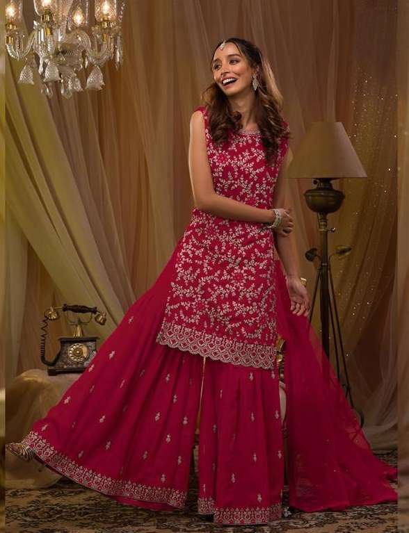 DESIGNER FANCY WEDDING PARTY WEAR RED GEORGETTE PLAZZO SALWAR SUIT JG 5051A