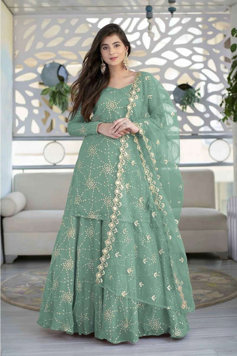 DESIGNER FANCY WEDDING PARTY WEAR SKY GREEN GEORGETTE PLAZZO SALWAR SUIT JG 7477D