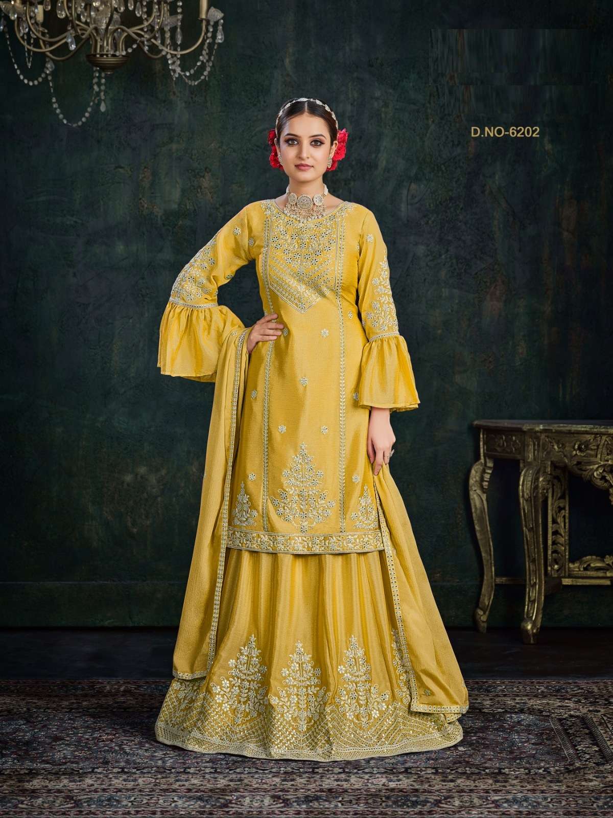 DESIGNER FANCY WEDDING PARTY WEAR YELLOW CHINON LEHENGA SKIRT SALWAR SUIT ANY 6202