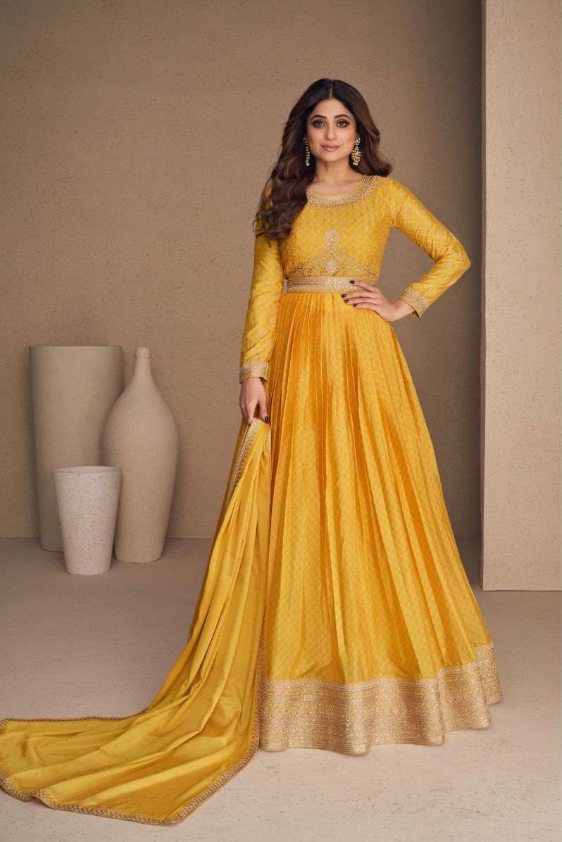 DESIGNER FANCY YELLOW LONG ANARKALI CHINON SILK SALWAR SUIT GOWN EXCLUSIVE FOR PARTY WEAR AF RANI SAHIBA 9595