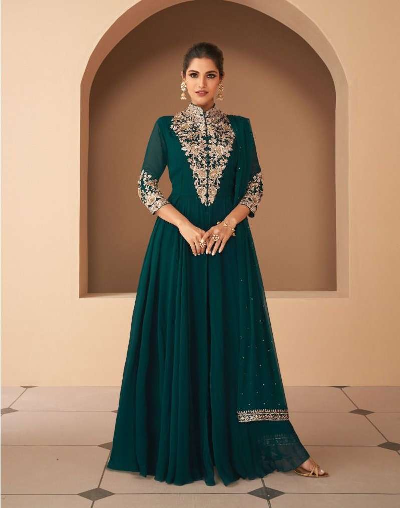 DESIGNER GREEN FANCY LONG ANARKALI GEORGETTE SALWAR SUIT GOWN EXCLUSIVE FOR PARTY WEAR AF BEGUM 5246