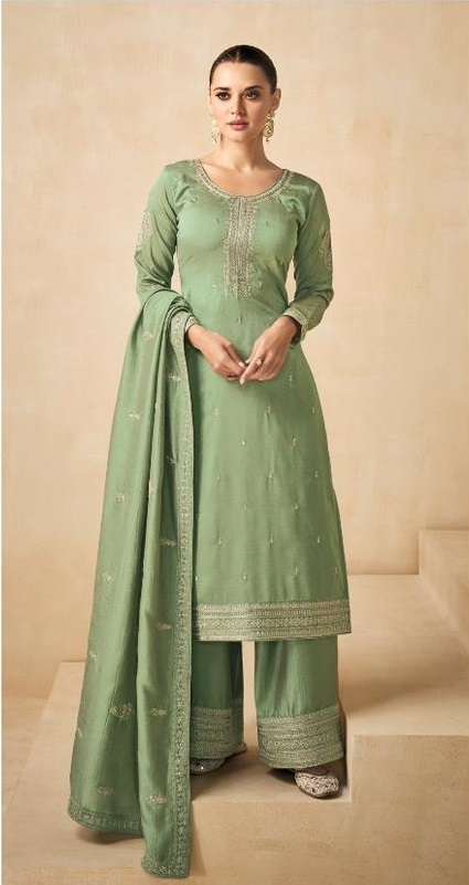 DESIGNER GREEN FANCY WEDDING PARTY FESTIVAL WEAR PREMIUM SILK STARIGHT SALWAR SUIT AF NEEDLE 9558