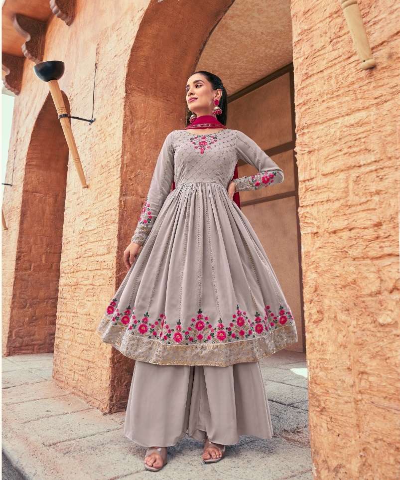 DESIGNER GREY FANCY READY TO WEAR SHARARA PLAZZO SALWAR SUIT IN GEORGETTE FABRIC WITH CHINON DUPATTA FOR PARTY WEAR FLORY 36 4923