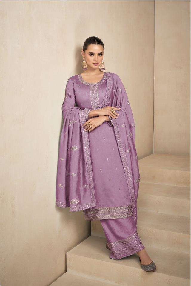 DESIGNER LAVENDER FANCY WEDDING PARTY FESTIVAL WEAR PREMIUM SILK STARIGHT SALWAR SUIT AF NEEDLE 9555