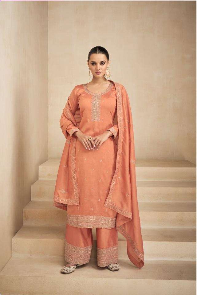 DESIGNER ORANGE FANCY WEDDING PARTY FESTIVAL WEAR PREMIUM SILK STARIGHT SALWAR SUIT AF NEEDLE 9559