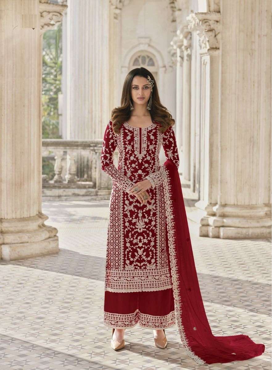 DESIGNER RED FANCY WEDDING PARTY FESTIVAL WEAR BUTTERFLY NET SALWAR SUIT JG 3304L