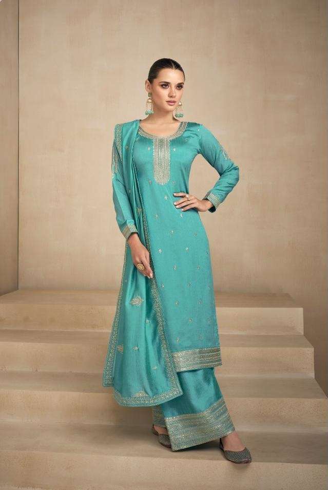 DESIGNER SKY BLUE FANCY WEDDING PARTY FESTIVAL WEAR PREMIUM SILK STARIGHT SALWAR SUIT AF NEEDLE 9556