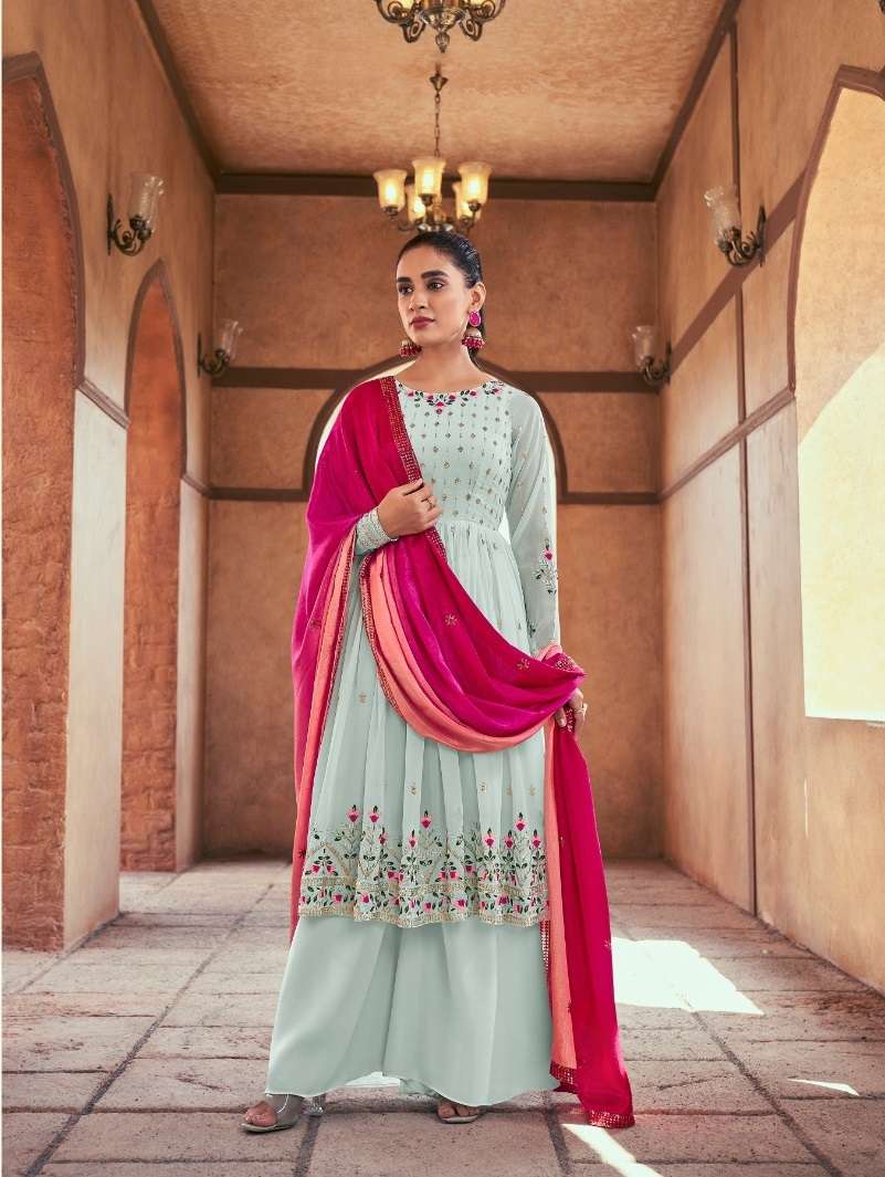 DESIGNER SKY COLOR FANCY READY TO WEAR SHARARA PLAZZO SALWAR SUIT IN GEORGETTE FABRIC WITH CHINON DUPATTA FOR PARTY WEAR FLORY 36 4921