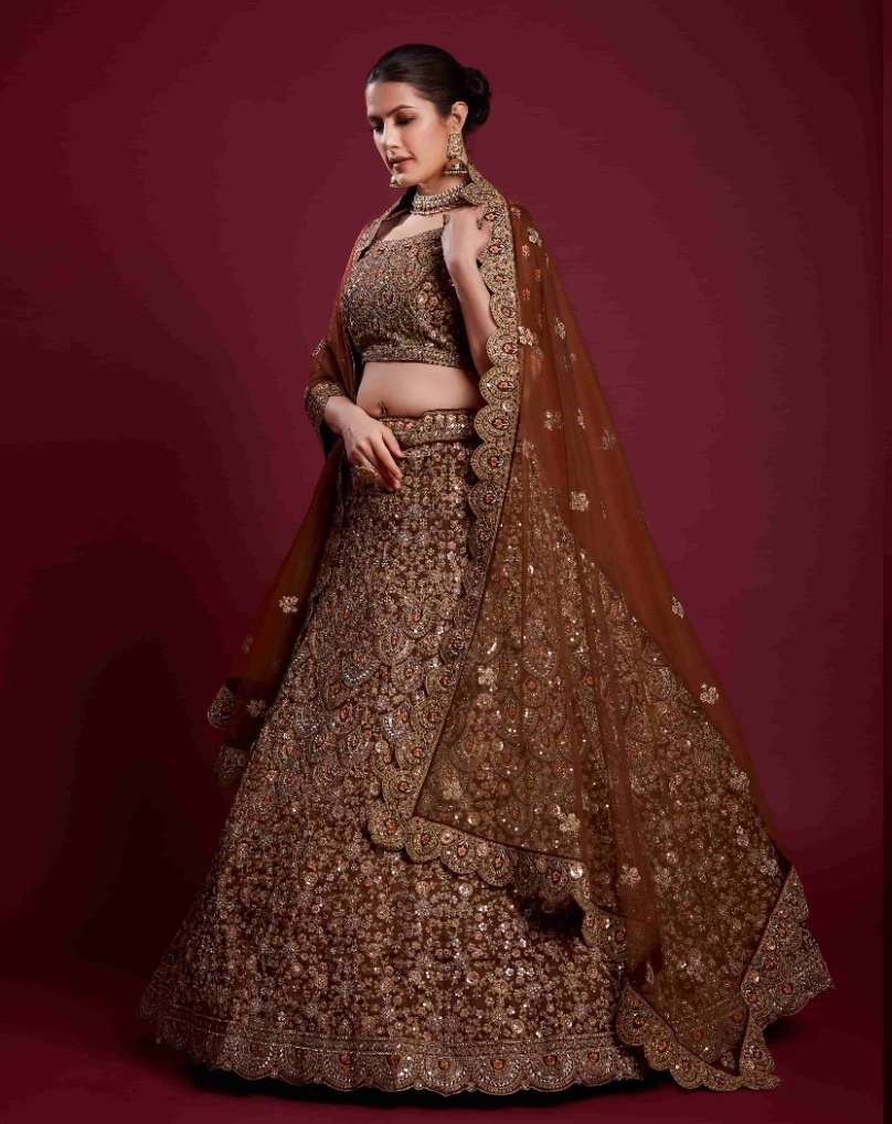 DESIGNER TRENDY STYLISH FANCY PARTY WEAR BROWN GEORGETTE LEHENGA CHOLI ARYA POSHAK SM 49023