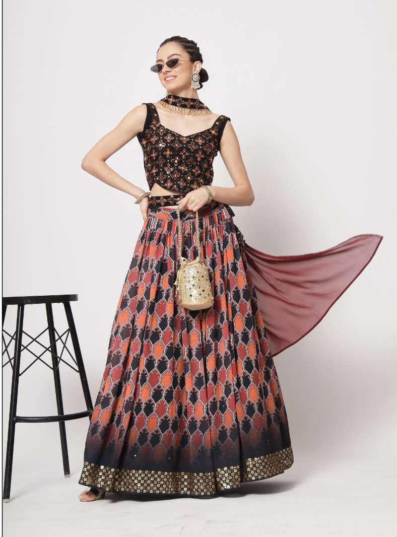 DESIGNER TRENDY STYLISH FANCY PARTY WEAR GEORGETTE BLACK LEHENGA CHOLI KF 7083