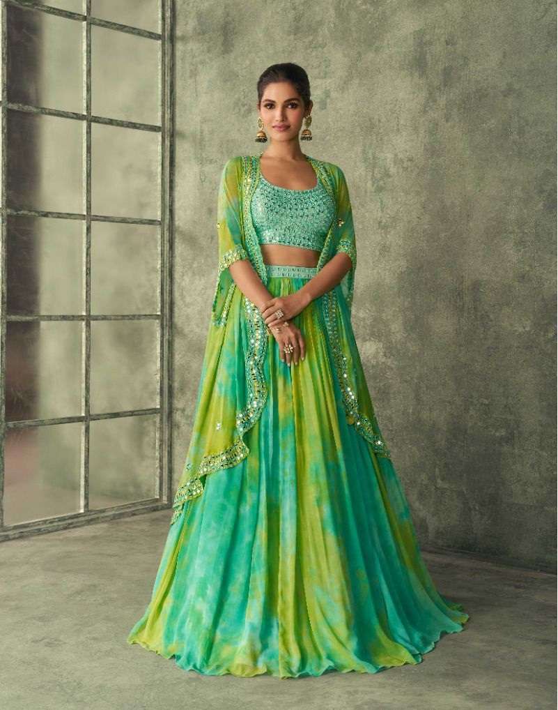 DESIGNER TRENDY STYLISH FANCY PARTY WEAR GREEN GEORGETTE LEHENGA CHOLI WEDDING ATTIRE SAYURI MAHENDI