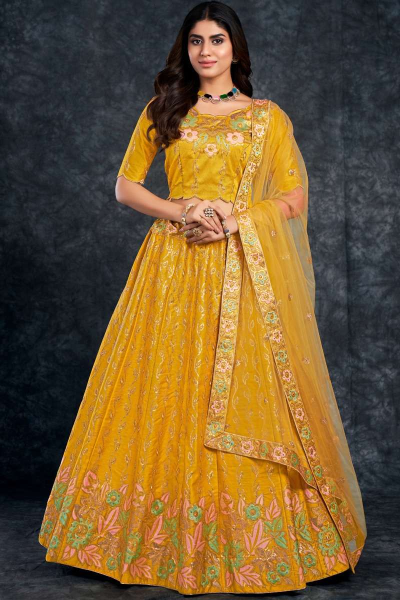 DESIGNER TRENDY STYLISH FANCY PARTY WEAR LEMON YELLOE SILK LEHENGA CHOLI AHVN 3803