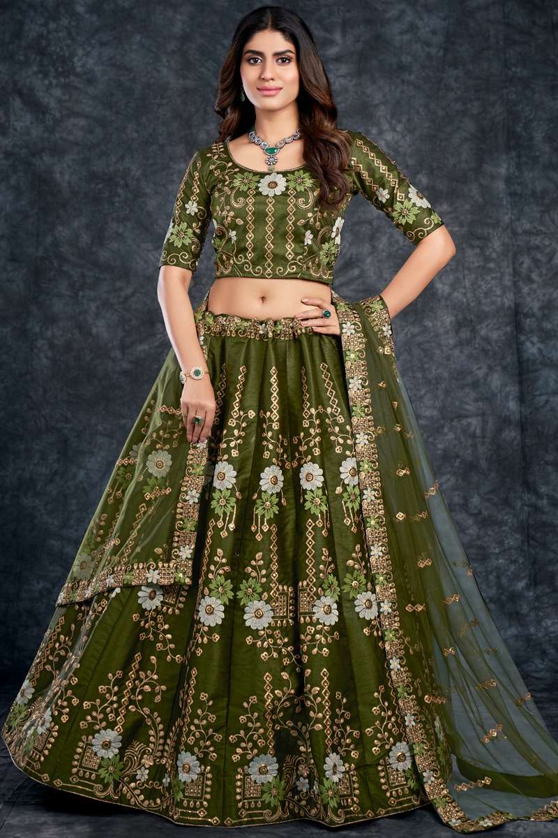 DESIGNER TRENDY STYLISH FANCY PARTY WEAR MAHENDI GREEN SILK LEHENGA CHOLI AHVN 3805