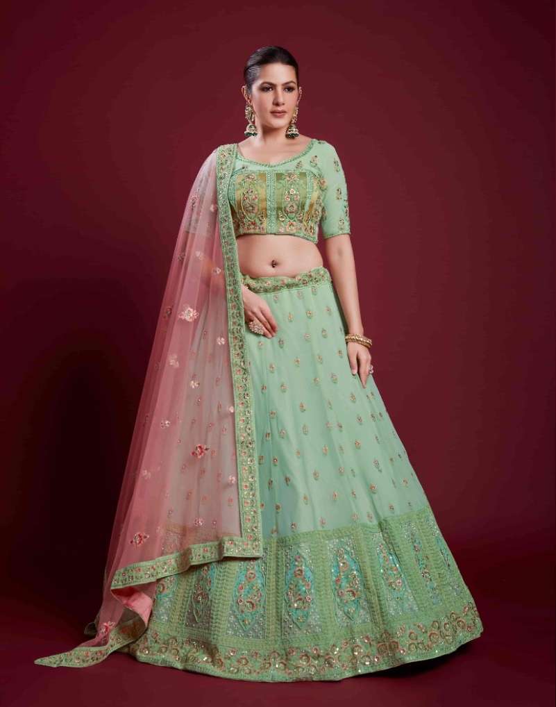 DESIGNER TRENDY STYLISH FANCY PARTY WEAR PISTA GREEN GEORGETTE LEHENGA CHOLI ARYA POSHAK SM 49002