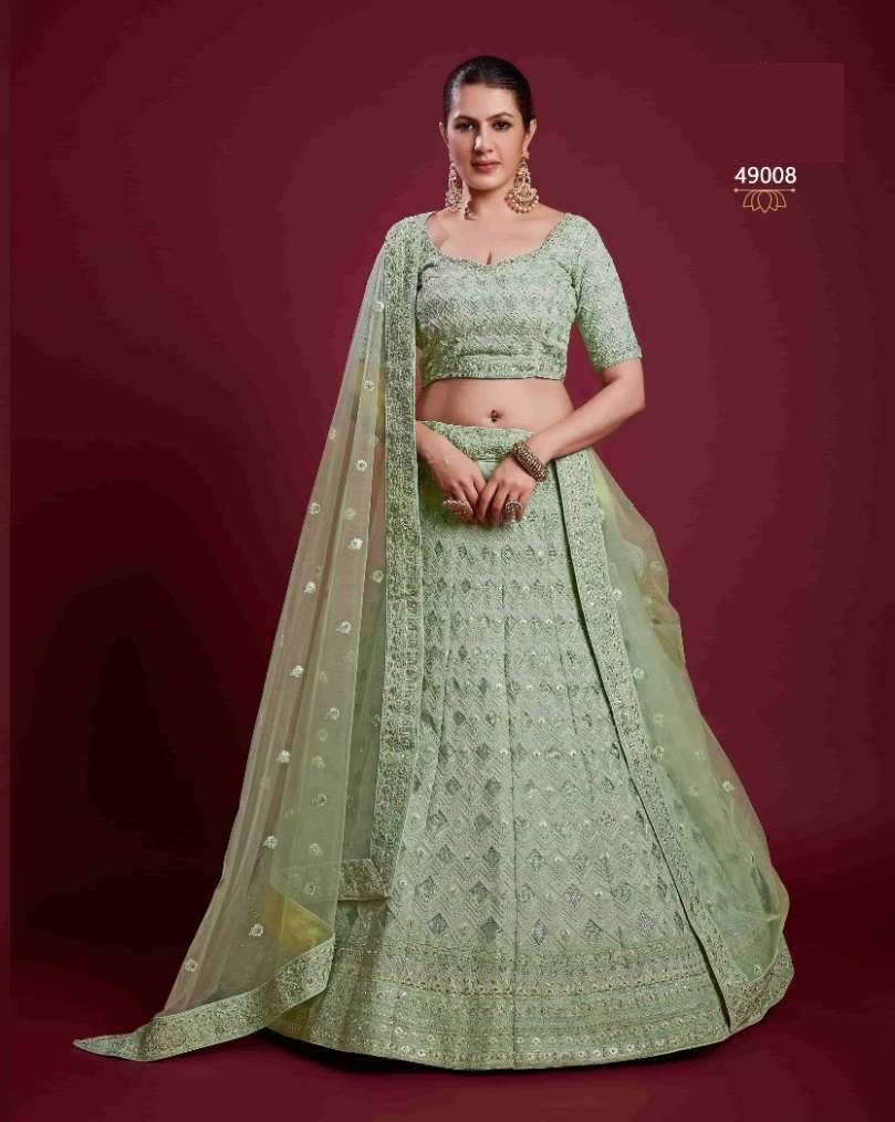 DESIGNER TRENDY STYLISH FANCY PARTY WEAR PISTA GREEN GEORGETTE LEHENGA CHOLI ARYA POSHAK SM 49008