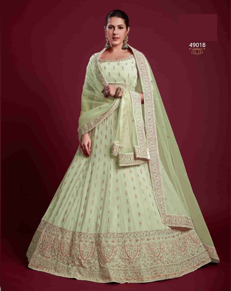 DESIGNER TRENDY STYLISH FANCY PARTY WEAR PISTA GREEN GEORGETTE LEHENGA CHOLI ARYA POSHAK SM 49018