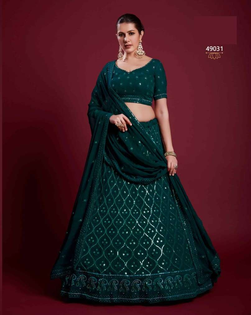 DESIGNER TRENDY STYLISH FANCY PARTY WEAR RAMA GREEN GEORGETTE LEHENGA CHOLI ARYA POSHAK SM 49031