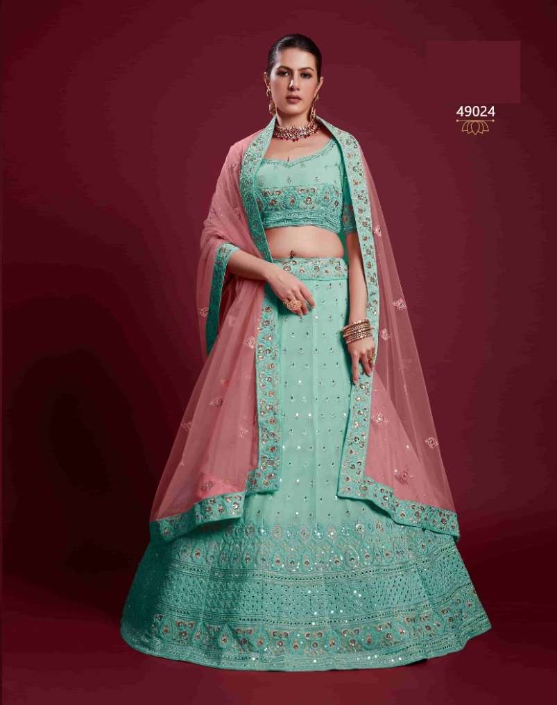 DESIGNER TRENDY STYLISH FANCY PARTY WEAR SKY BLUE GEORGETTE LEHENGA CHOLI ARYA POSHAK SM 49024