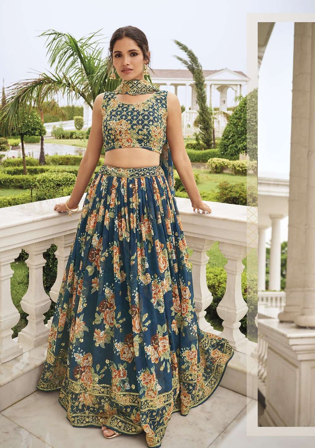 DESIGNER TRENDY STYLISH FANCY PARTY WEAR WHITE RAMA BLUE GEORGETTE PRINTED LEHENGA CHOLI SHREEMATEE FASHION SHIYAHI 138