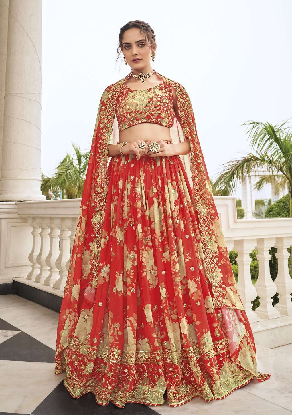 DESIGNER TRENDY STYLISH FANCY PARTY WEAR WHITE RED GEORGETTE PRINTED LEHENGA CHOLI SHREEMATEE FASHION SHIYAHI 137