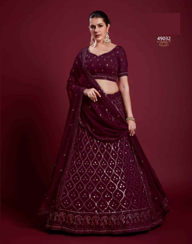 DESIGNER TRENDY STYLISH FANCY PARTY WEAR WINE GEORGETTE LEHENGA CHOLI ARYA POSHAK SM 49032