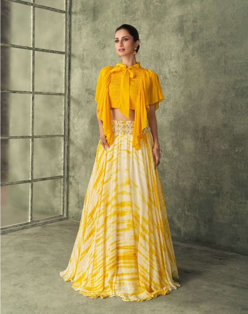 DESIGNER TRENDY STYLISH FANCY PARTY WEAR YELLOW GEORGETTE LEHENGA CHOLI WEDDING ATTIRE SAYURI HALDI