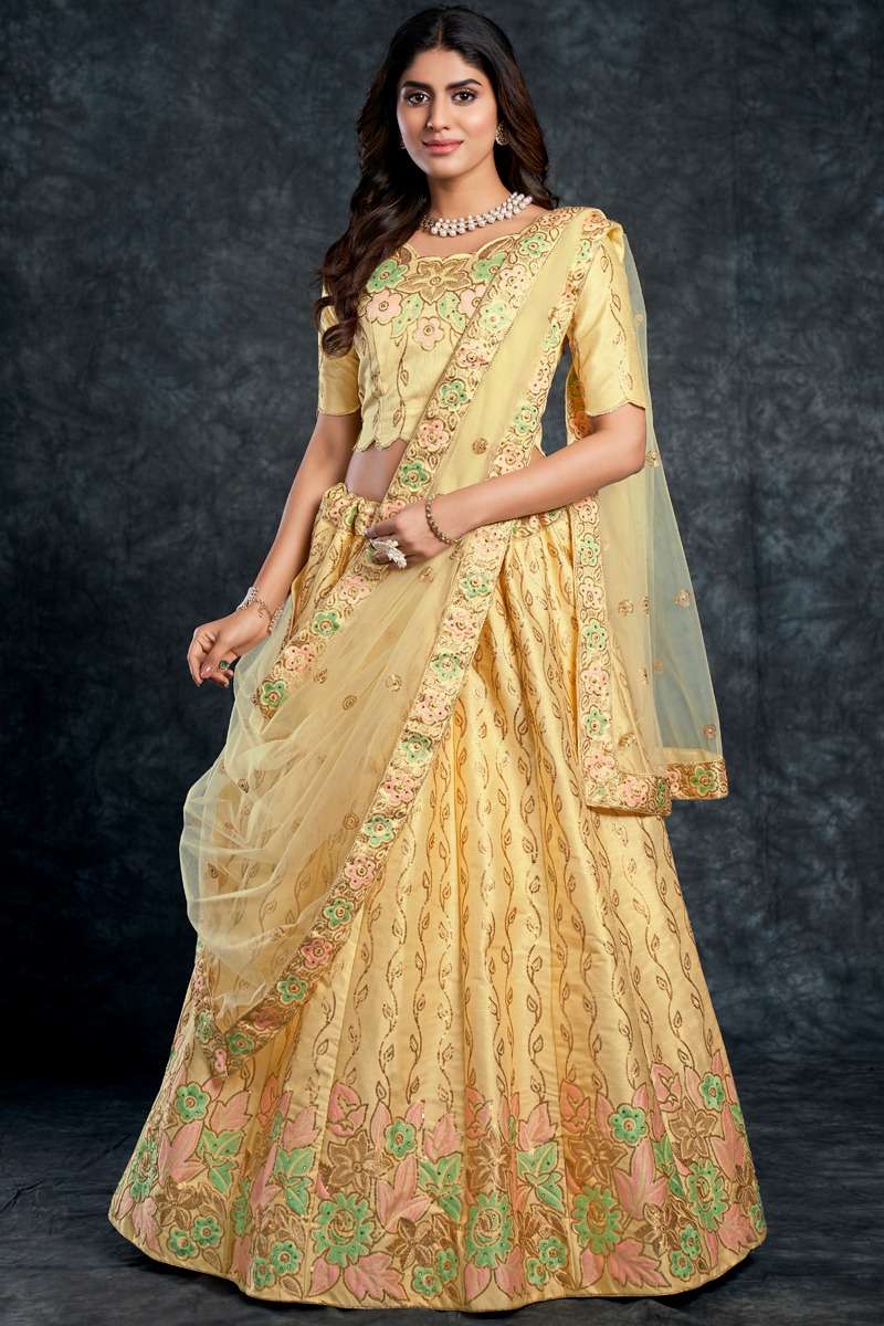 DESIGNER TRENDY STYLISH FANCY PARTY WEAR YELLOW SILK LEHENGA CHOLI AHVN 3804