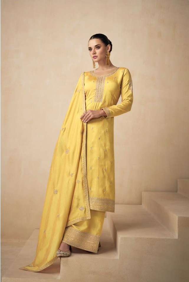 DESIGNER YELLOW FANCY WEDDING PARTY FESTIVAL WEAR PREMIUM SILK STARIGHT SALWAR SUIT AF NEEDLE 9557