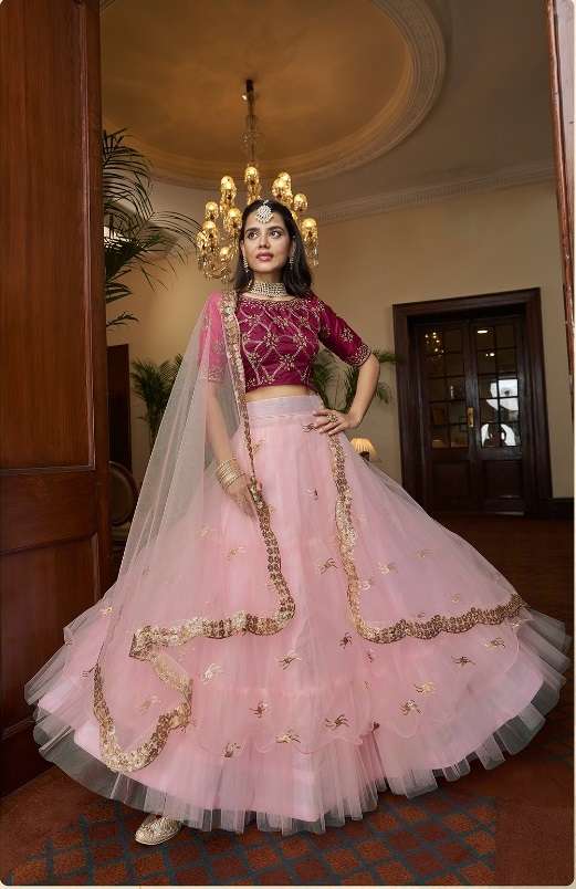 INDIAN BOLLYWOOD DESIGNER FANCY WEDDING PARTY WEAR PINK NET FABRIC LEHENGA WITH THREAD SEQUENCE AHVN RIWAZ 4201