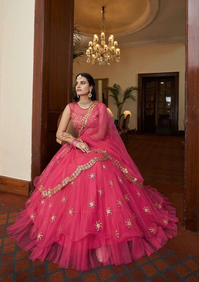 INDIAN BOLLYWOOD DESIGNER FANCY WEDDING PARTY WEAR PINK NET FABRIC LEHENGA WITH THREAD SEQUENCE AHVN RIWAZ 4204