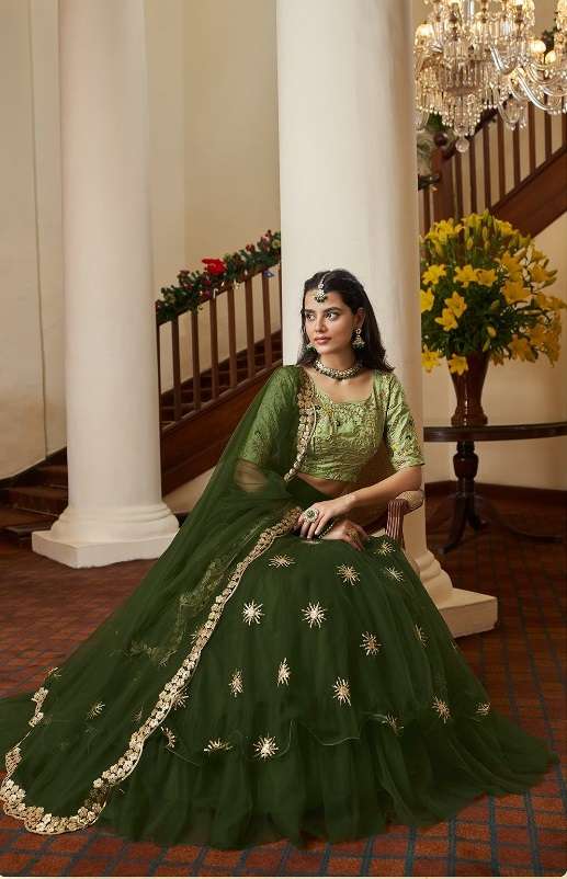 INDIAN BOLLYWOOD DESIGNER FANCY WEDDING PARTY WEAR MAHENDI GREEN NET FABRIC LEHENGA WITH THREAD SEQUENCE AHVN RIWAZ 4205