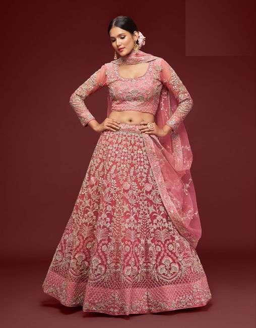 INDIAN BOLLYWOOD DESIGNER FANCY WEDDING PARTY WEAR ROSE PINK NET FABRIC LEHENGA WITH THREAD SEQUENCE DST ZL THE SHIMMERS 7901