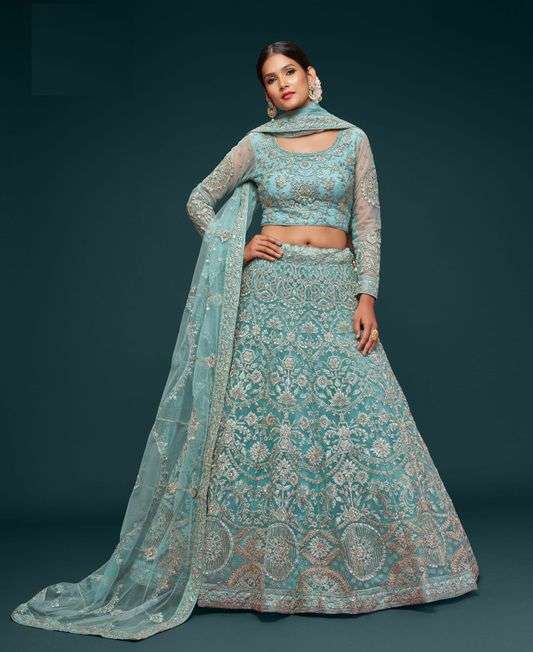 INDIAN BOLLYWOOD DESIGNER FANCY WEDDING PARTY WEAR AQUA BLUE NET FABRIC LEHENGA WITH THREAD SEQUENCE DST ZL THE SHIMMERS 7902