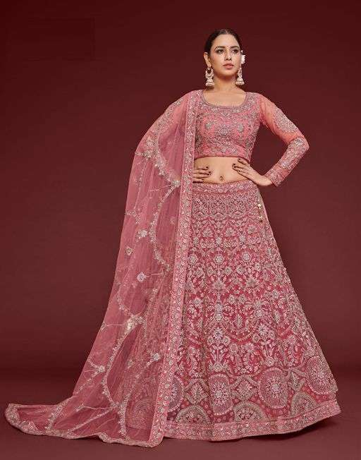 INDIAN BOLLYWOOD DESIGNER FANCY WEDDING PARTY WEAR PINK NET FABRIC LEHENGA WITH THREAD SEQUENCE DST ZL THE SHIMMERS 7905