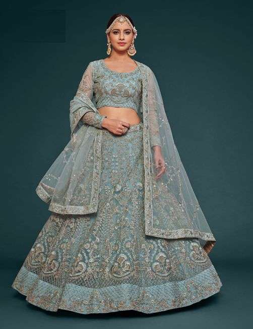 INDIAN BOLLYWOOD DESIGNER FANCY WEDDING PARTY WEAR SKY BLUE NET FABRIC LEHENGA WITH THREAD SEQUENCE DST ZL THE SHIMMERS 7906