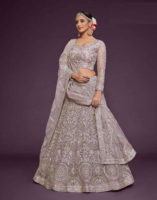 INDIAN BOLLYWOOD DESIGNER FANCY WEDDING PARTY WEAR LAVENDER NET FABRIC LEHENGA WITH THREAD SEQUENCE DST ZL THE SHIMMERS 7907