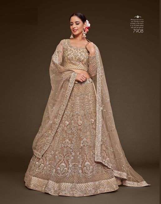 INDIAN BOLLYWOOD DESIGNER FANCY WEDDING PARTY WEAR BEIGE NET FABRIC LEHENGA WITH THREAD SEQUENCE DST ZL THE SHIMMERS 7908