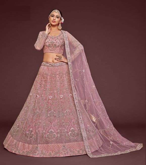 INDIAN BOLLYWOOD DESIGNER FANCY WEDDING PARTY WEAR PINK NET FABRIC LEHENGA WITH THREAD SEQUENCE DST ZL THE SHIMMERS 7909