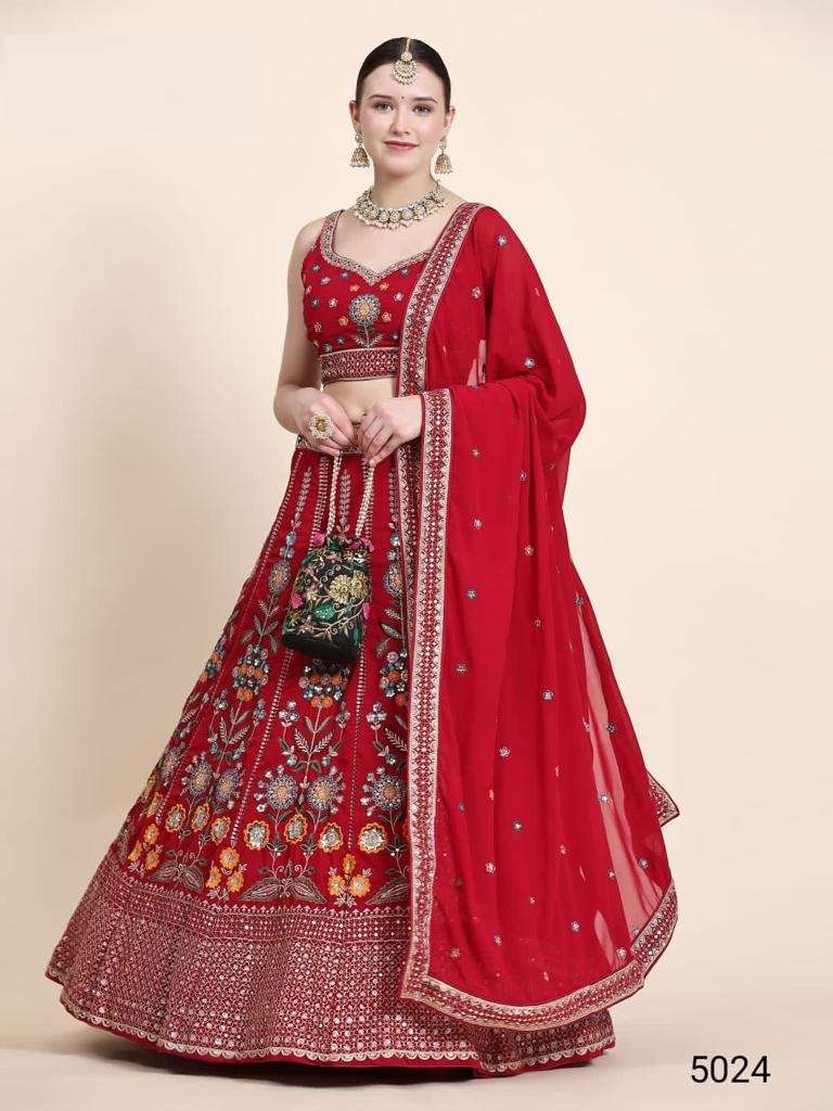 INDIAN BOLLYWOOD DESIGNER RED FANCY WEDDING PARTY WEAR GEORGETTE FABRIC LEHENGA WITH THREAD SEQUENCE ANANTESH SM 5024