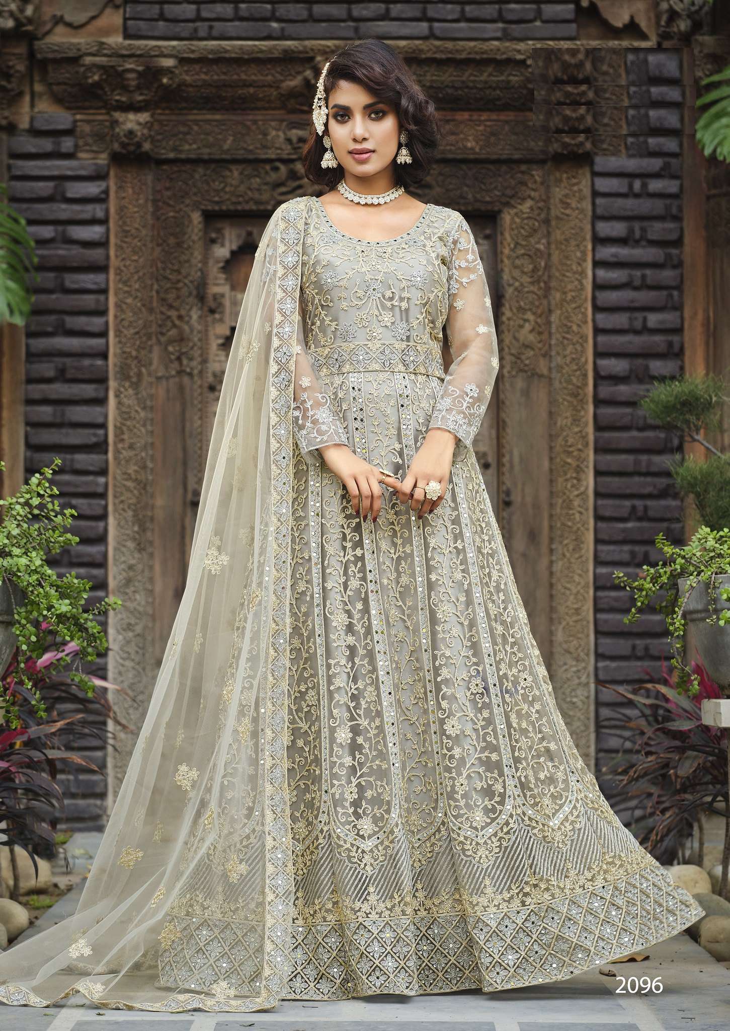 LATEST 2023 DESIGNER GREY ANARKALI GOWN FOR WEDDING PARTY WEAR SALWAR SUIT LONG GOWN IN BUTTERFLY NET SENHORA 2096