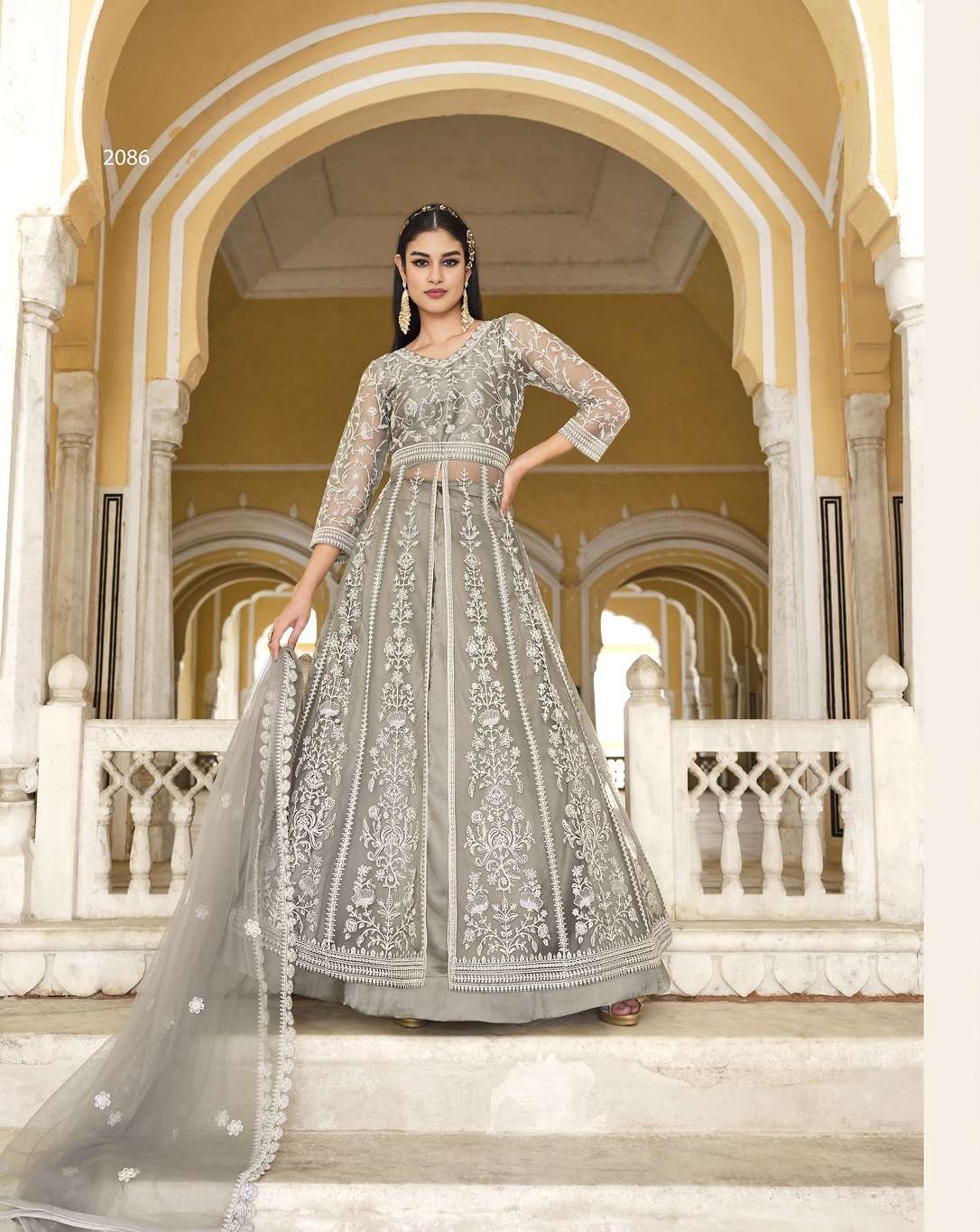 LATEST 2023 DESIGNER GREY ANARKALI GOWN FOR WEDDING PARTY WEAR SALWAR SUIT LONG GOWN IN BUTTERFLY NET SENHORA SAMARA 2086