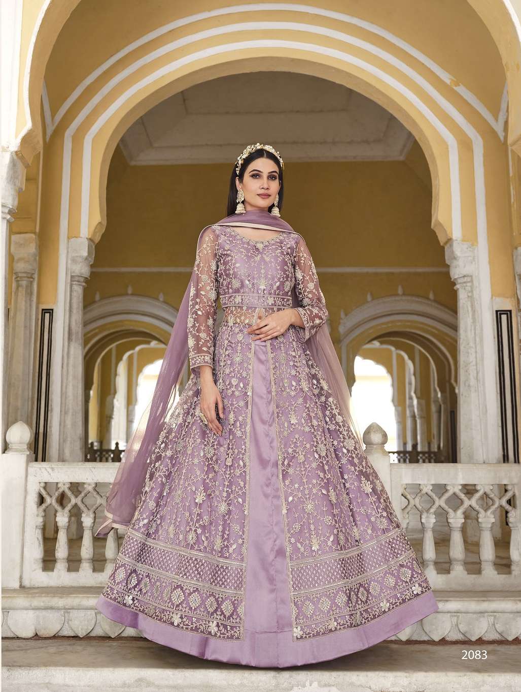 LATEST 2023 DESIGNER LAVENDER ANARKALI GOWN FOR WEDDING PARTY WEAR SALWAR SUIT LONG GOWN IN BUTTERFLY NET SENHORA SAMARA 2083