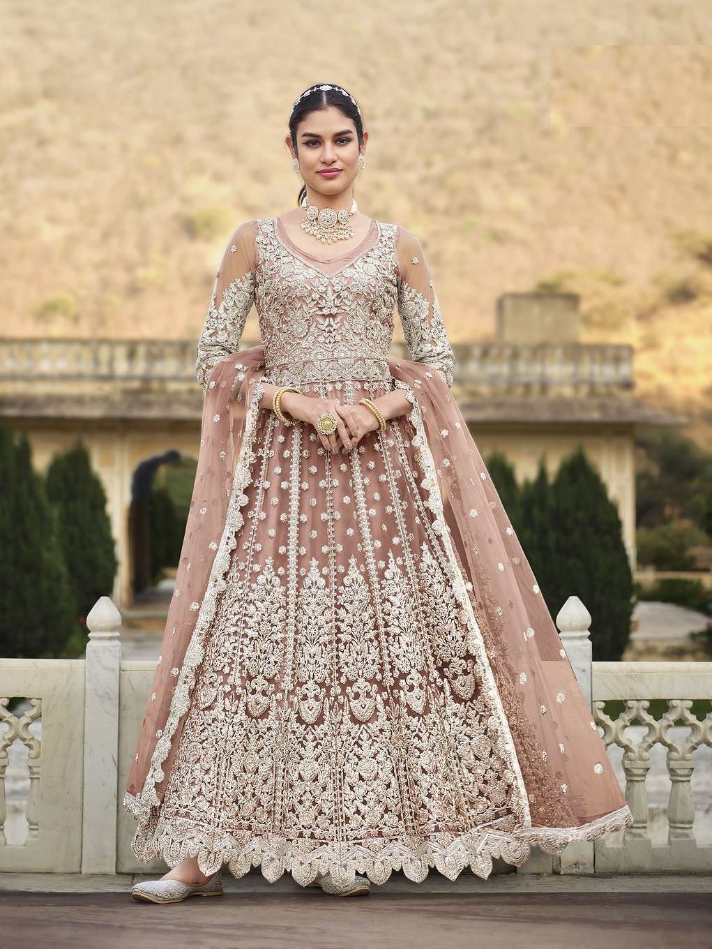 LATEST 2023 DESIGNER PEACE ANARKALI GOWN FOR WEDDING PARTY WEAR SALWAR SUIT LONG GOWN IN BUTTERFLY NET SENHORA ANOKHI 2076A