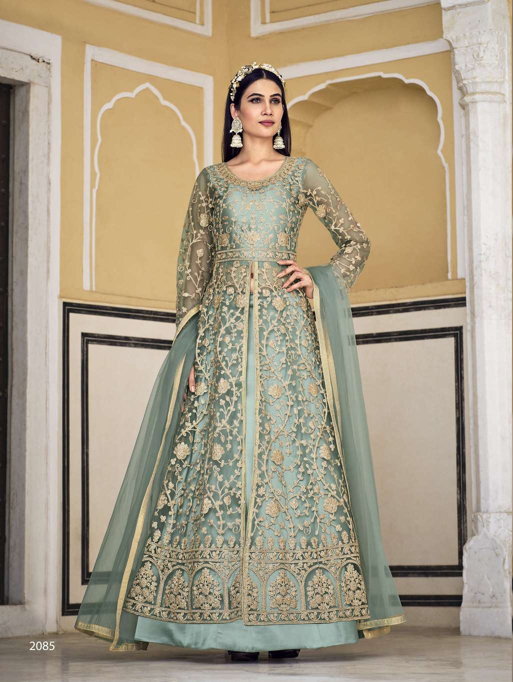 LATEST 2023 DESIGNER PISTA ANARKALI GOWN FOR WEDDING PARTY WEAR SALWAR SUIT LONG GOWN IN BUTTERFLY NET SENHORA SAMARA 2085