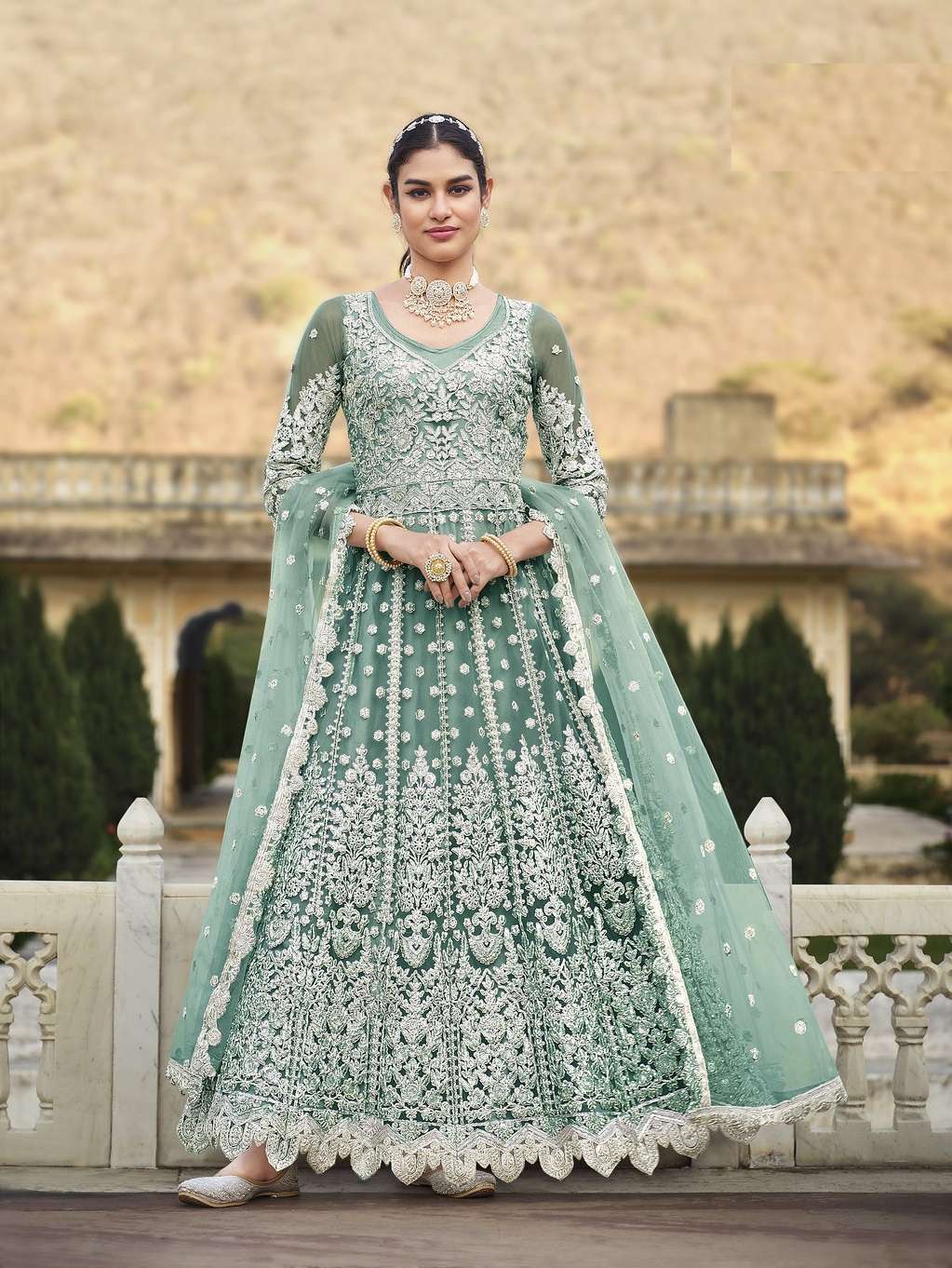 LATEST 2023 DESIGNER SKY BLUE ANARKALI GOWN FOR WEDDING PARTY WEAR SALWAR SUIT LONG GOWN IN BUTTERFLY NET SENHORA ANOKHI 2076B