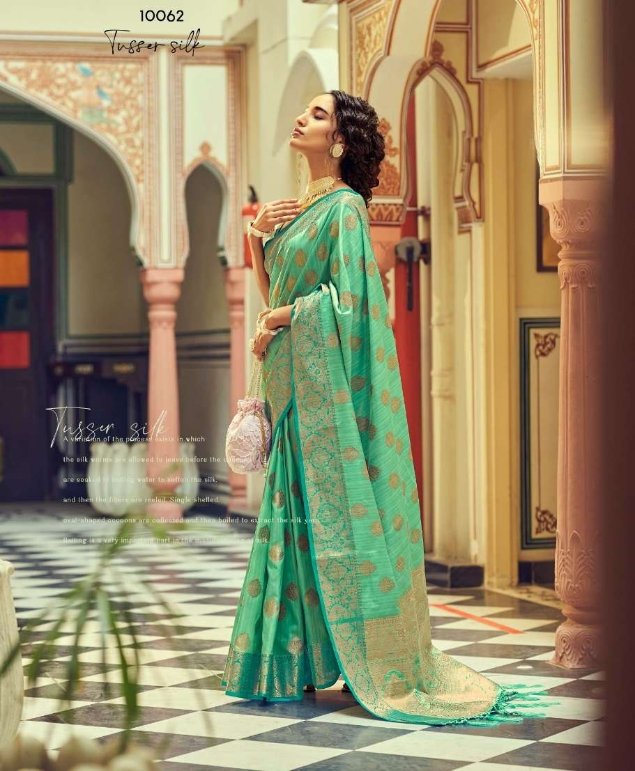 LATEST DESIGNER FANCY WEDDING PARTY WEAR GREEN SILK SAREE SM RAJPATH 10062