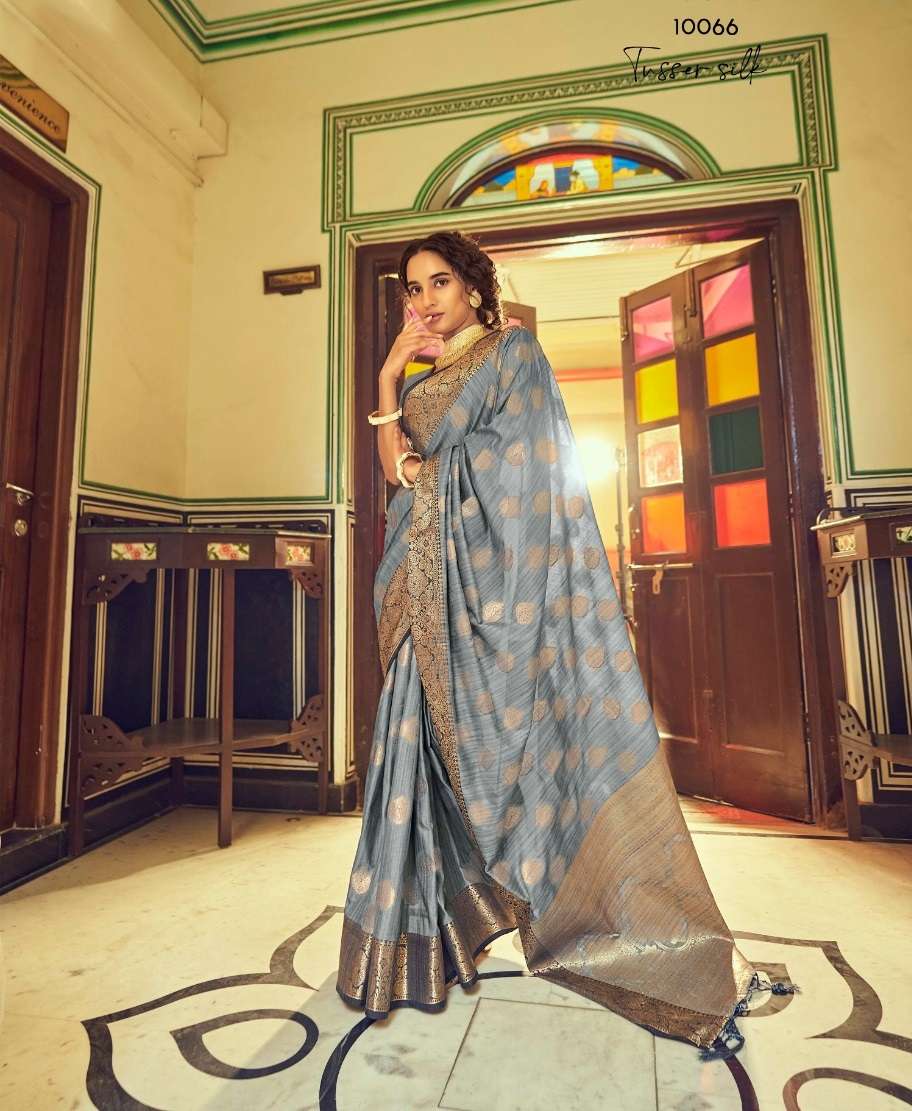 LATEST DESIGNER FANCY WEDDING PARTY WEAR GREY SILK SAREE SM RAJPATH 10066